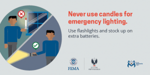 Never use candles for emergency lighting